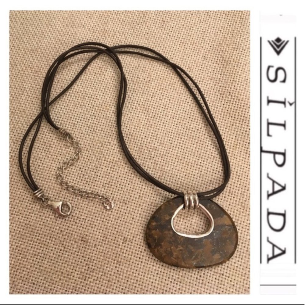 Silpada Bronzite Stone Brown Leather Cord Necklace